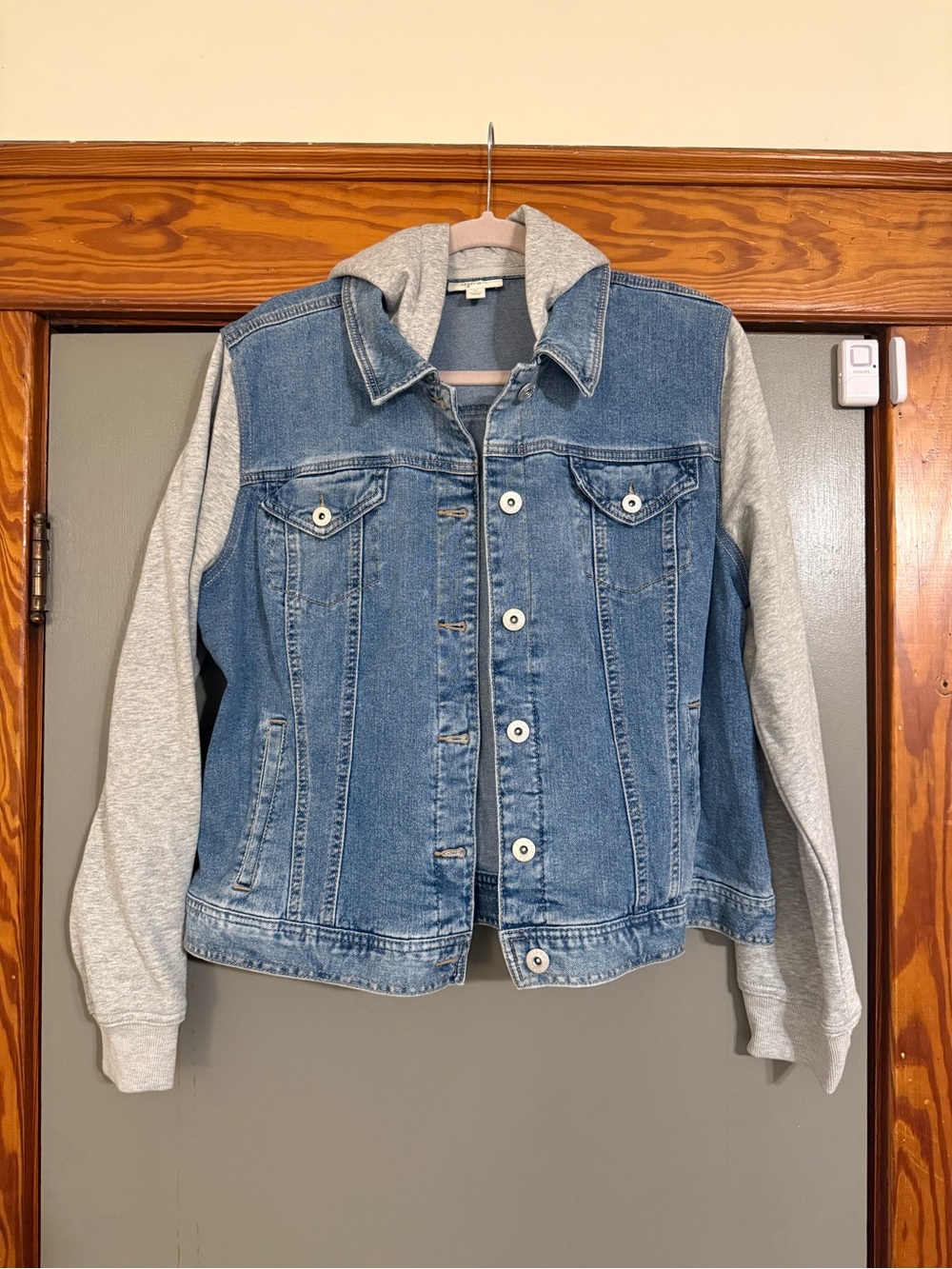 Style & Co. Blue Denim Jacket with Gray Hoodie Sleeves